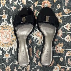 kelly & katie Kitten Heel Slip Ons - Black with Black Bow - Like New!